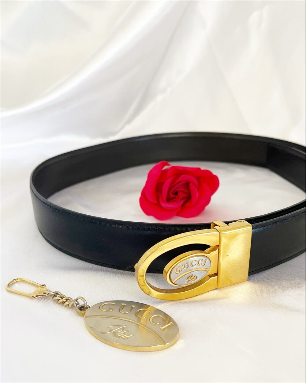 GUCCI Leather Belt Key Chain Vintage Logo Plate Silver Gold Unisex 36" RARE